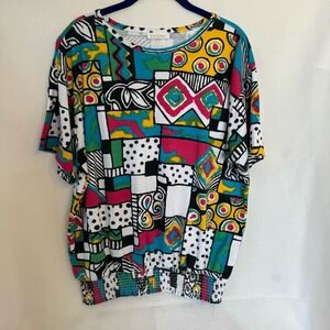 Vintage DK Gold Abstract Geometric Print Smocked Blouson Top Women 1X MultiColor